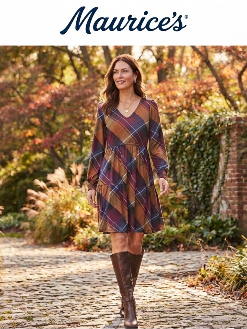 NWT Maurices Plaid V-Neck Long Sleeve Babydoll Dress - Brown, Burgundy, Navy